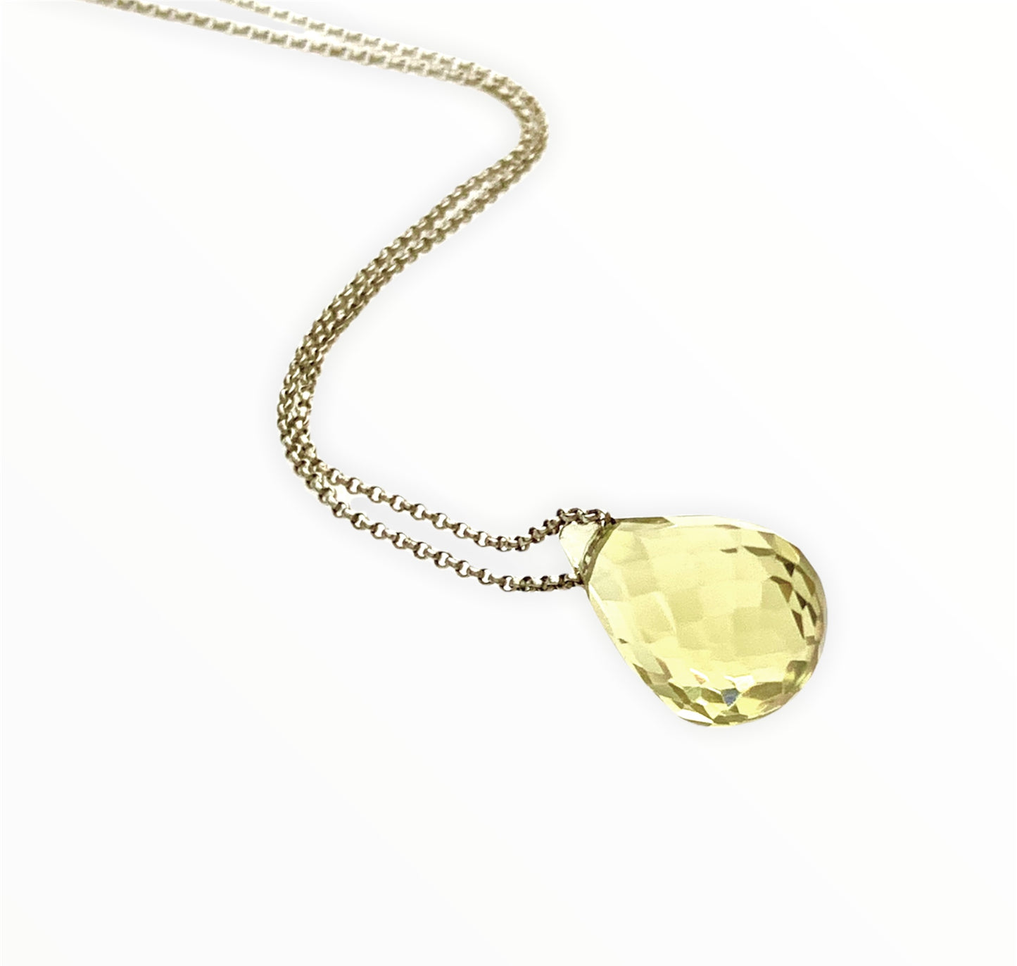 Lemon Quartz Briollette Pendant on silver Chain