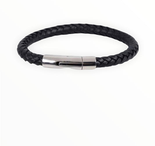 Plaited Leather & Stainless Steel Magnetic Clasp Bracelet